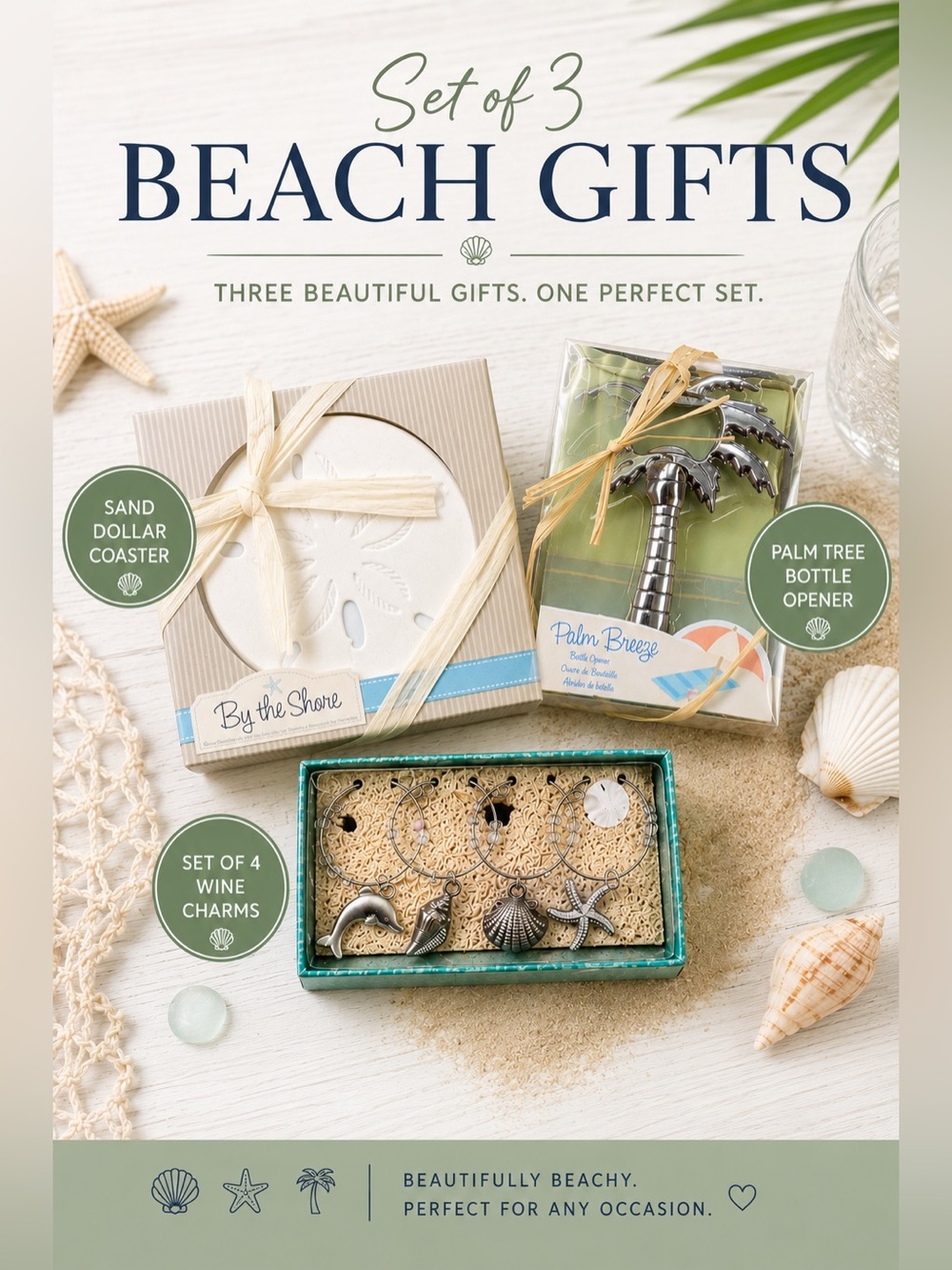 Beach Gift Set of 3 | Sand Dollar Coaster, Wine Charms & Bottle Opener